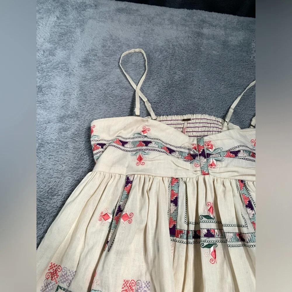 Free People Cream Mini Dress with Pink & Green Embroidery